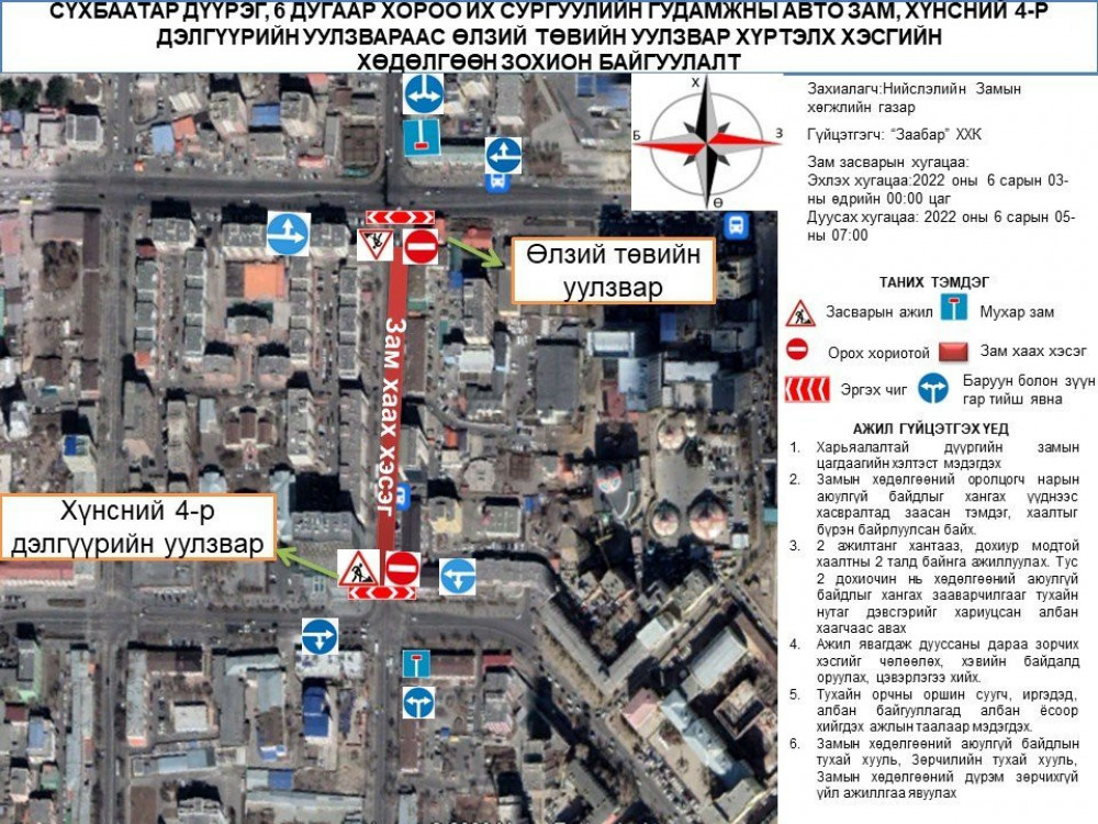 Хүнсний 4-р дэлгүүрийн уулзвараас Өлзий төв хүртэлх замыг ХААЛАА